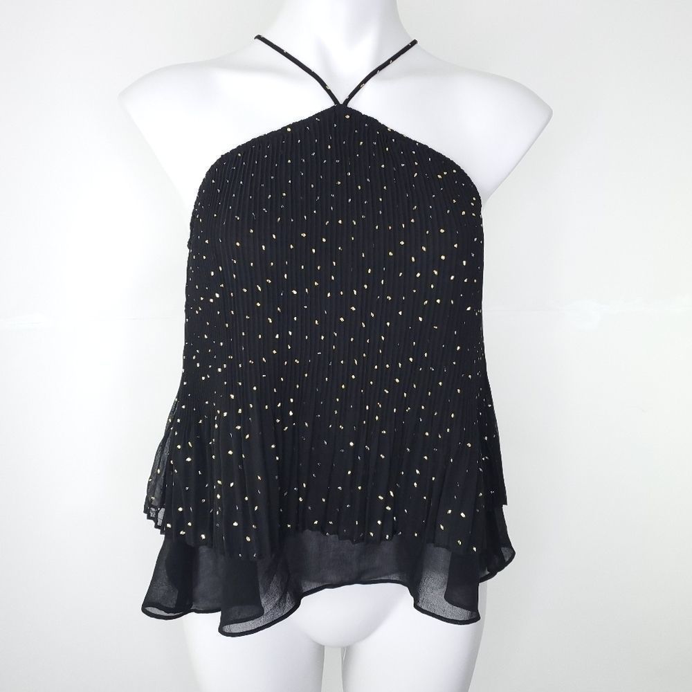 NEW RO & DE Spotted Pleated Halter Blouse Black Gold sz xs - Picture 3 of 9